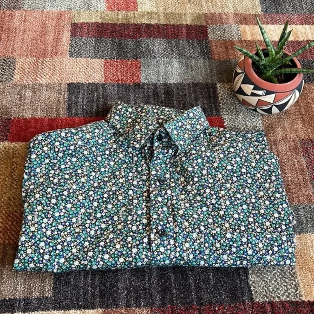 George’s Tailoring Floral Green White Blue Button Up Shirt size S Custom Fit